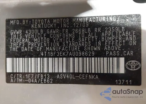 2010 Toyota Camry из США, поврежденный, VIN 4T1BF3EK7AU098629